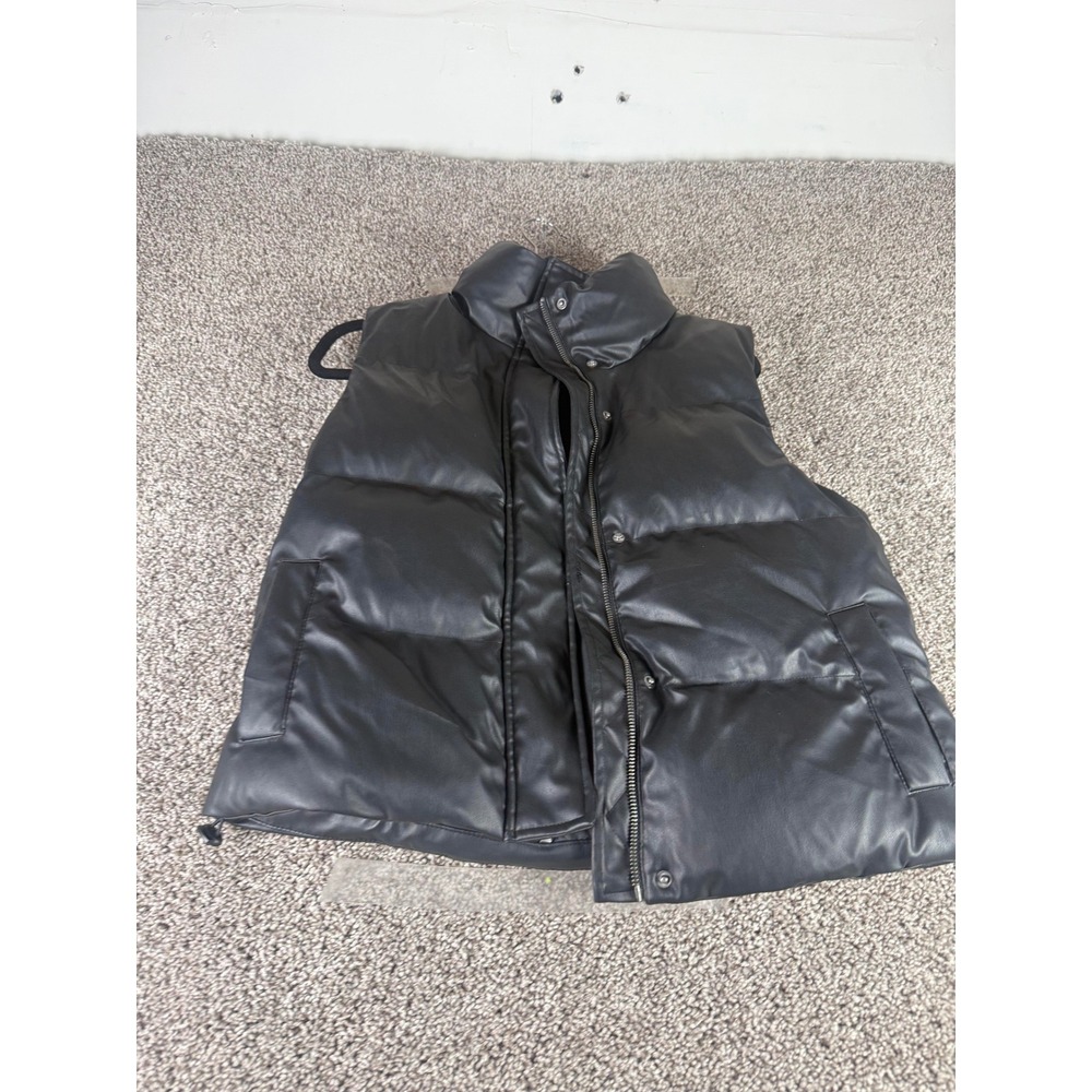 A New Day Puffer Vest Women's Black Faux Leather Zip Up Sleeveless Jacket - S